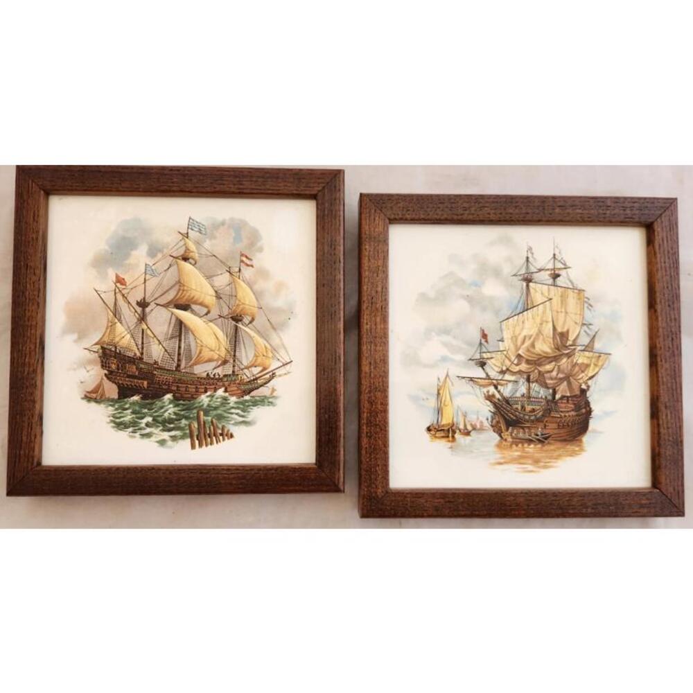 Vintage Set 2 Clipper Ship Tiles Trivet in Wood Frames 7x7" Beach Nautical Ocean